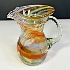 Vintage Murano Style Hand Blown Art Glass Creamer Pitcher Amber Green Swirl